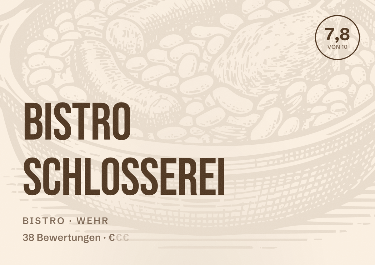Illustriertes Poster von Bistro Schlosserei, Bistro in Wehr: Bewertung 7,8 von 10 aus 38 Bewertungen, Preisniveau €
