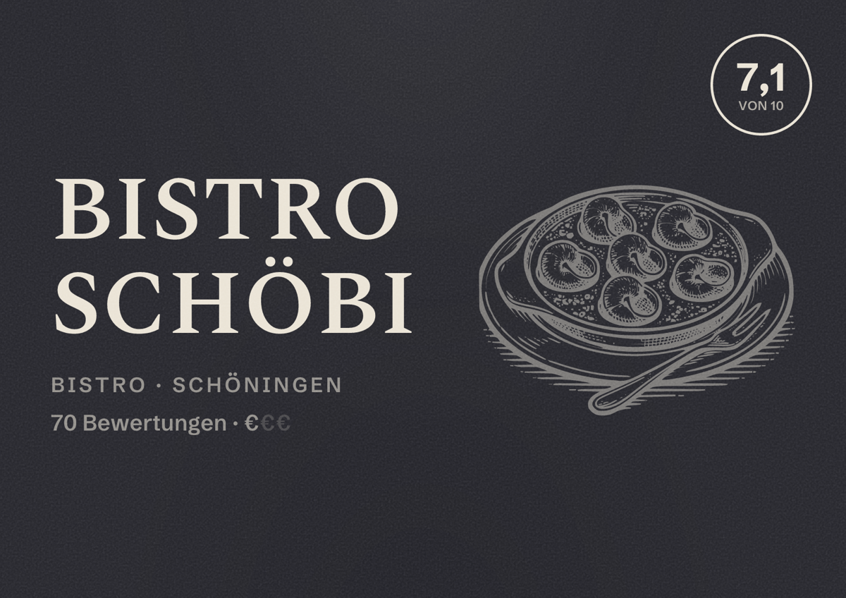 Illustriertes Poster von Bistro Schöbi, Bistro in Schöningen: Bewertung 7,1 von 10 aus 70 Bewertungen, Preisniveau €