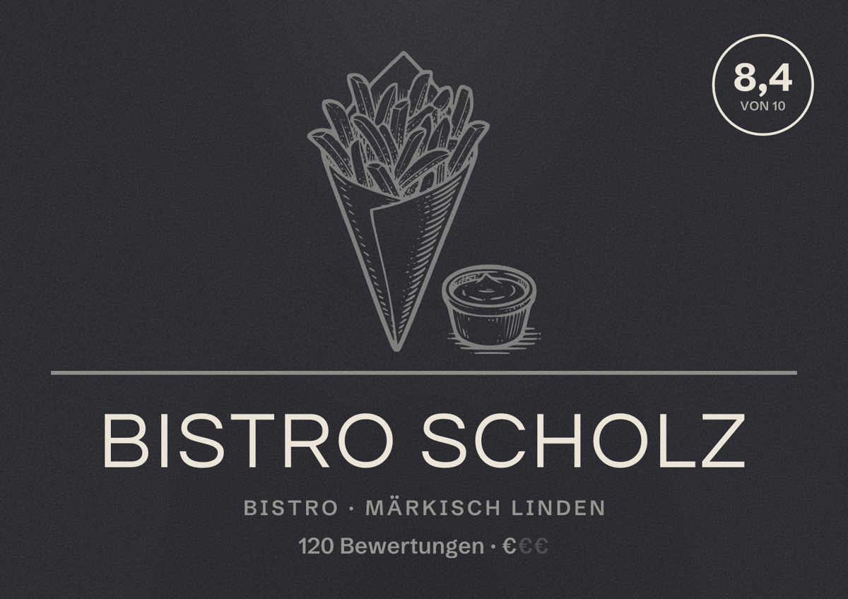 Illustriertes Poster von Bistro Scholz, Bistro in Märkisch Linden: Bewertung 8,4 von 10 aus 120 Bewertungen, Preisniveau €