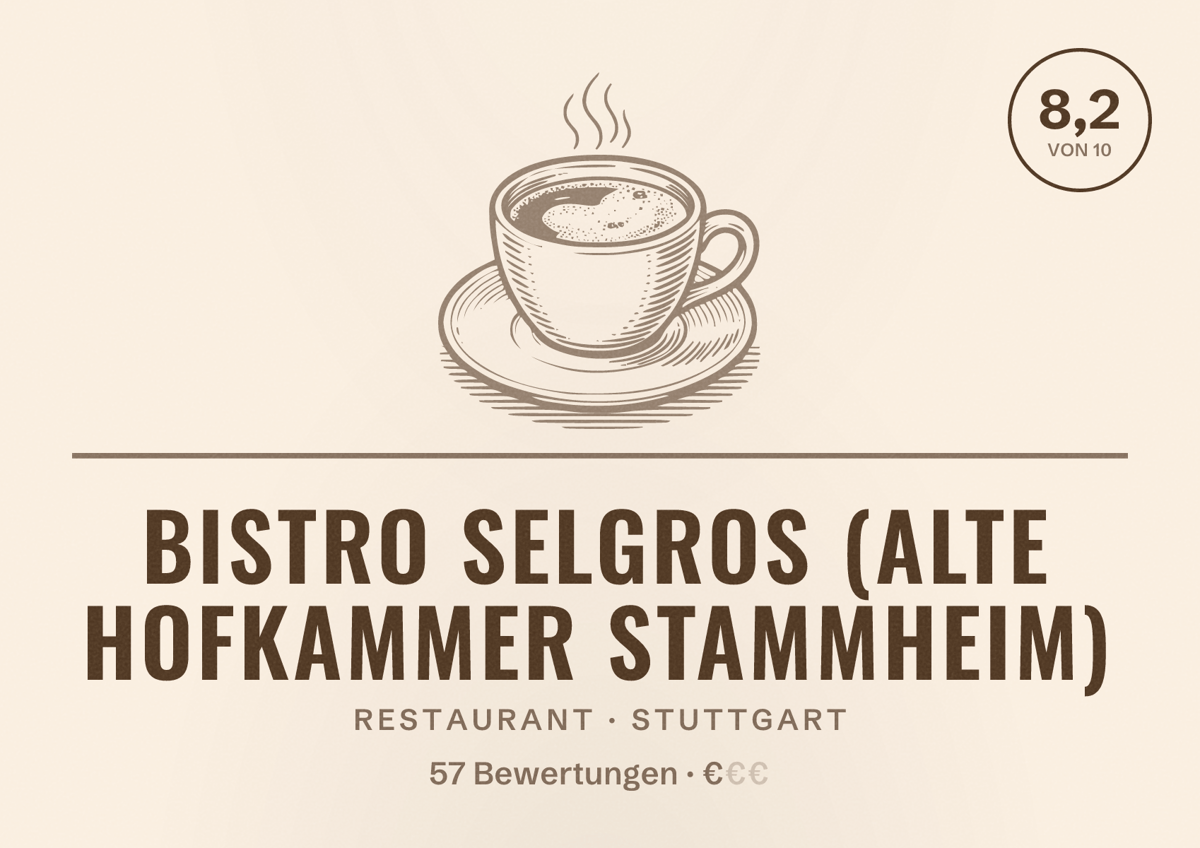 Illustriertes Poster von Bistro Selgros (Alte Hofkammer Stammheim), Restaurant in Stuttgart: Bewertung 8,2 von 10 aus 57 Bewertungen, Preisniveau €