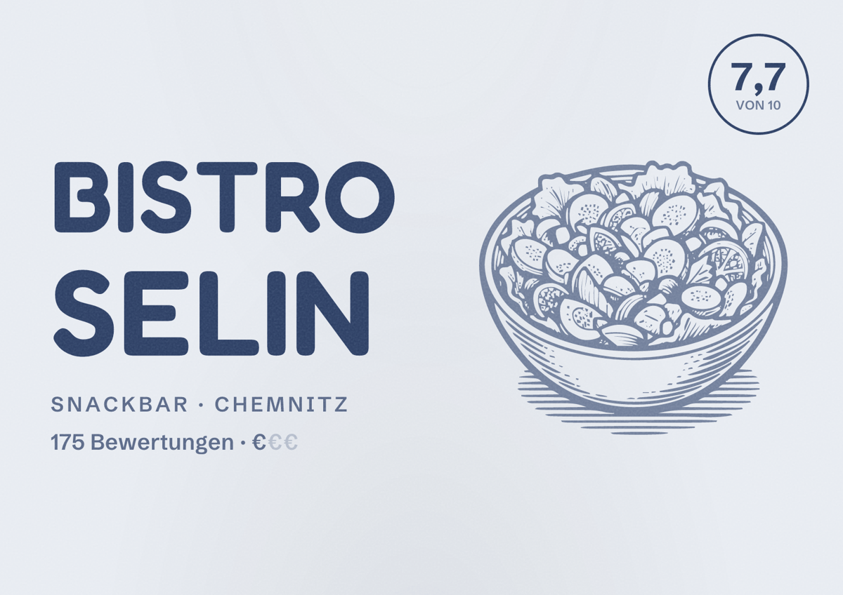 Illustriertes Poster von Bistro Selin, Snackbar in Chemnitz: Bewertung 7,7 von 10 aus 175 Bewertungen, Preisniveau €
