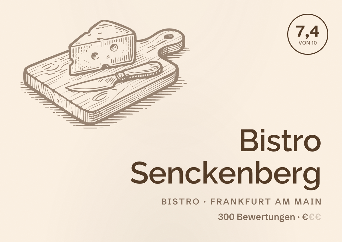 Illustriertes Poster von Bistro Senckenberg, Bistro in Frankfurt am Main: Bewertung 7,4 von 10 aus 300 Bewertungen, Preisniveau €