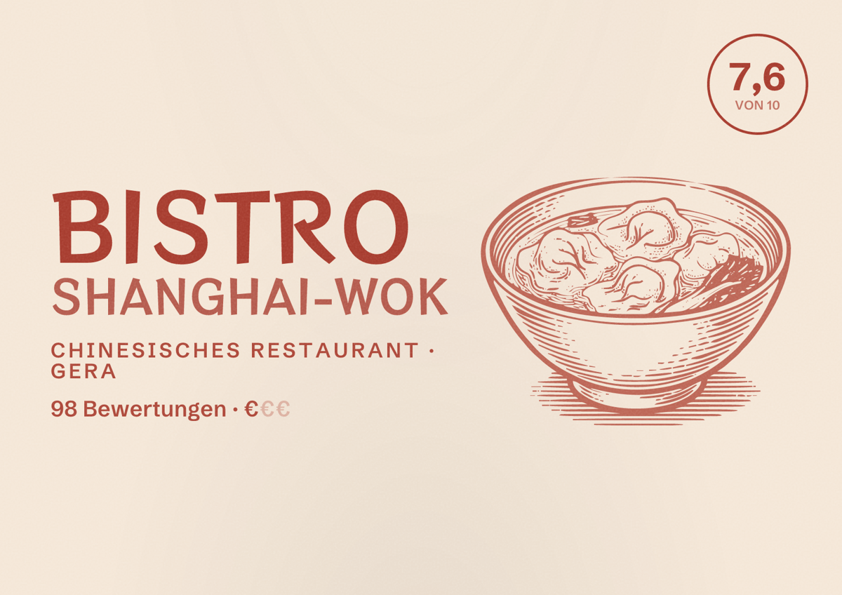 Illustriertes Poster von Bistro SHANGHAI-WOK, Chinesisches Restaurant in Gera: Bewertung 7,6 von 10 aus 98 Bewertungen, Preisniveau €