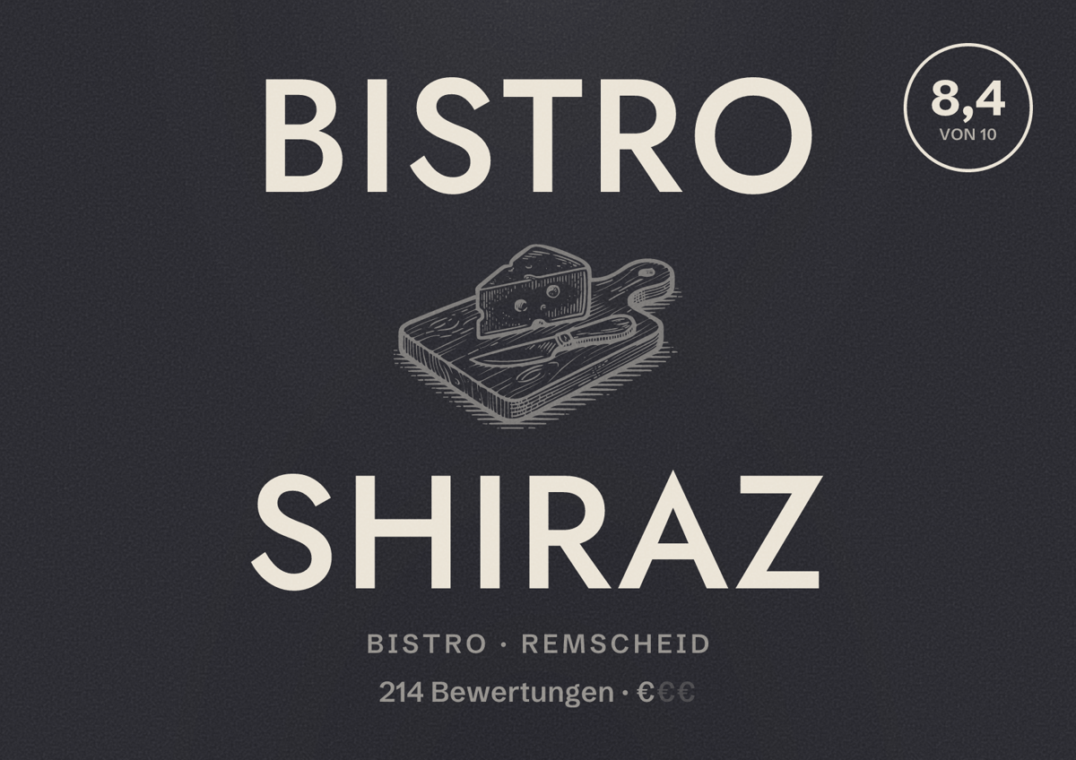 Illustriertes Poster von Bistro Shiraz, Bistro in Remscheid: Bewertung 8,4 von 10 aus 214 Bewertungen, Preisniveau €