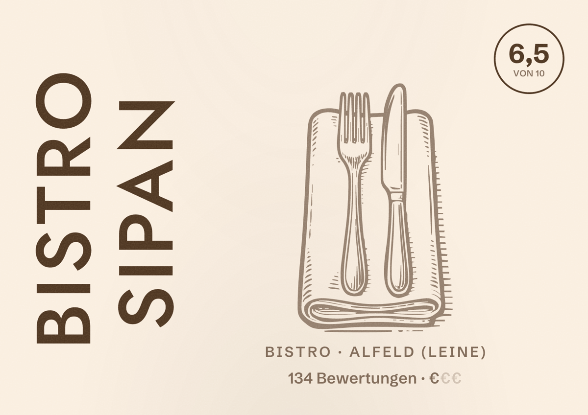 Illustriertes Poster von Bistro Sipan, Bistro in Alfeld (Leine): Bewertung 6,5 von 10 aus 134 Bewertungen, Preisniveau €