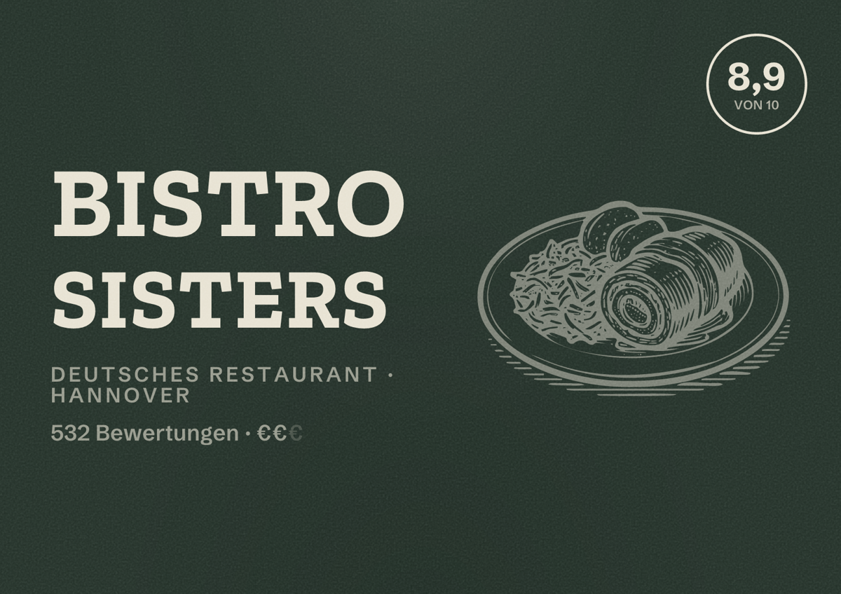 Illustriertes Poster von Bistro Sisters, Deutsches Restaurant in Hannover: Bewertung 8,9 von 10 aus 532 Bewertungen, Preisniveau €€