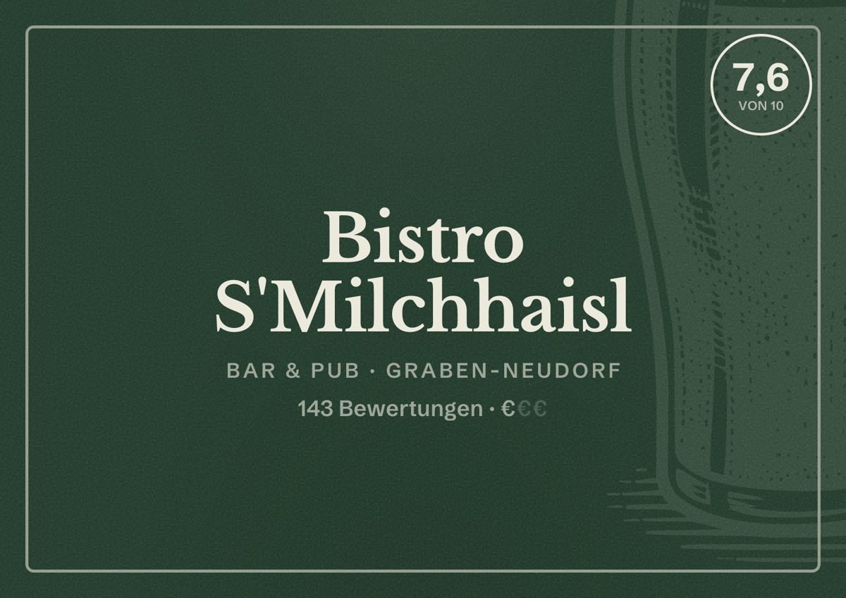 Illustriertes Poster von Bistro S'Milchhaisl, Bar & Pub in Graben-Neudorf: Bewertung 7,6 von 10 aus 143 Bewertungen, Preisniveau €