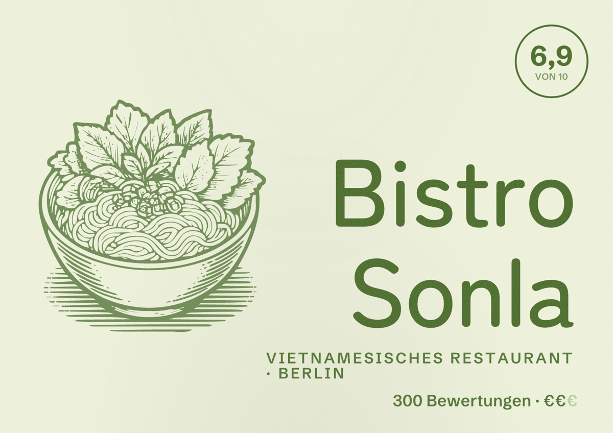 Illustriertes Poster von Bistro Sonla, Vietnamesisches Restaurant in Berlin: Bewertung 6,9 von 10 aus 300 Bewertungen, Preisniveau €€