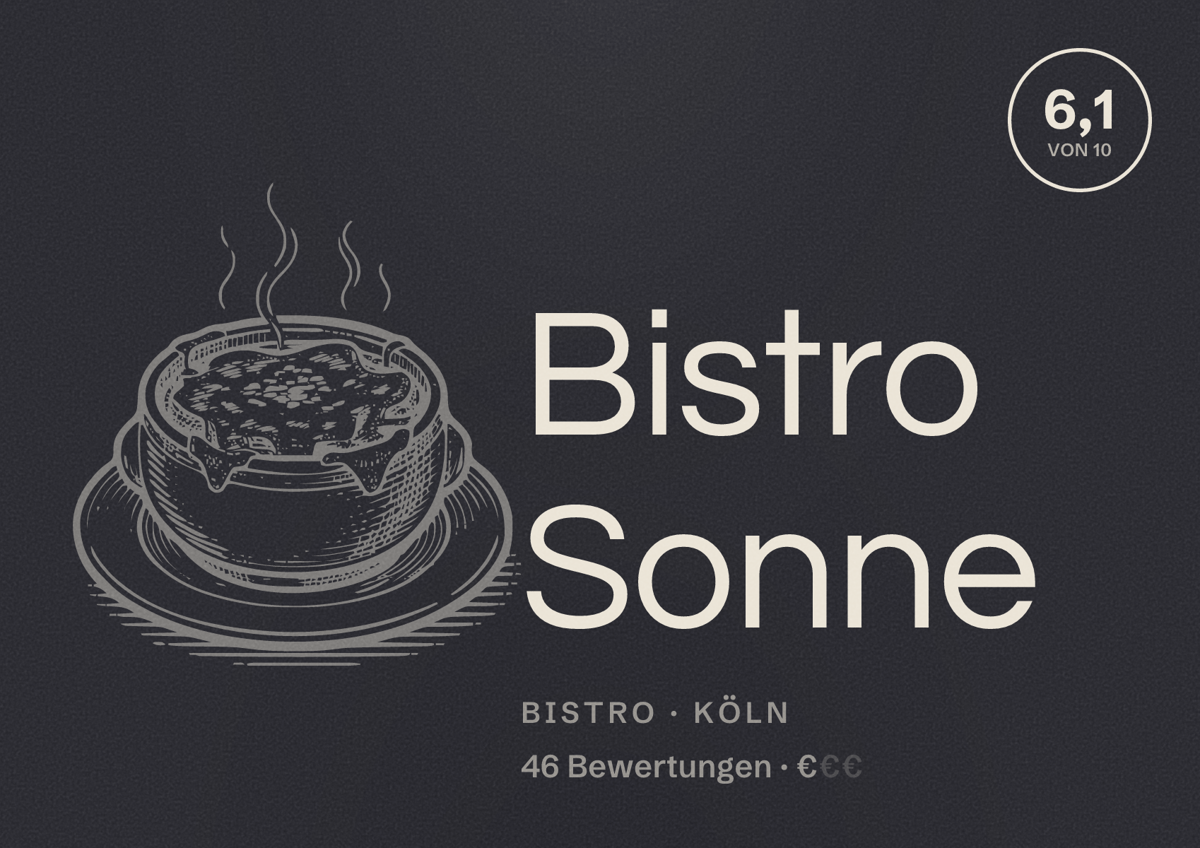 Illustriertes Poster von Bistro Sonne, Bistro in Köln: Bewertung 6,1 von 10 aus 46 Bewertungen, Preisniveau €