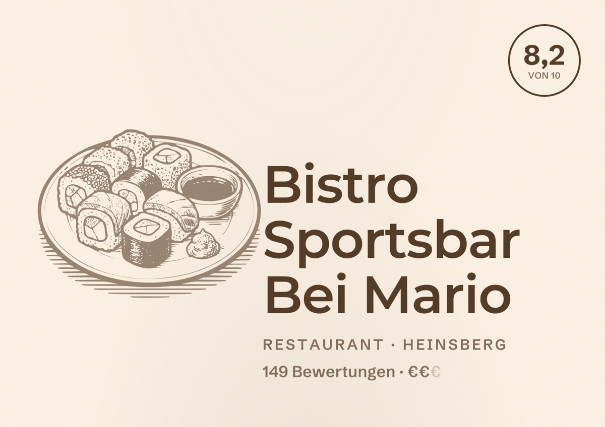 Illustriertes Poster von Bistro Sportsbar Bei Mario, Restaurant in Heinsberg: Bewertung 8,2 von 10 aus 149 Bewertungen, Preisniveau €€