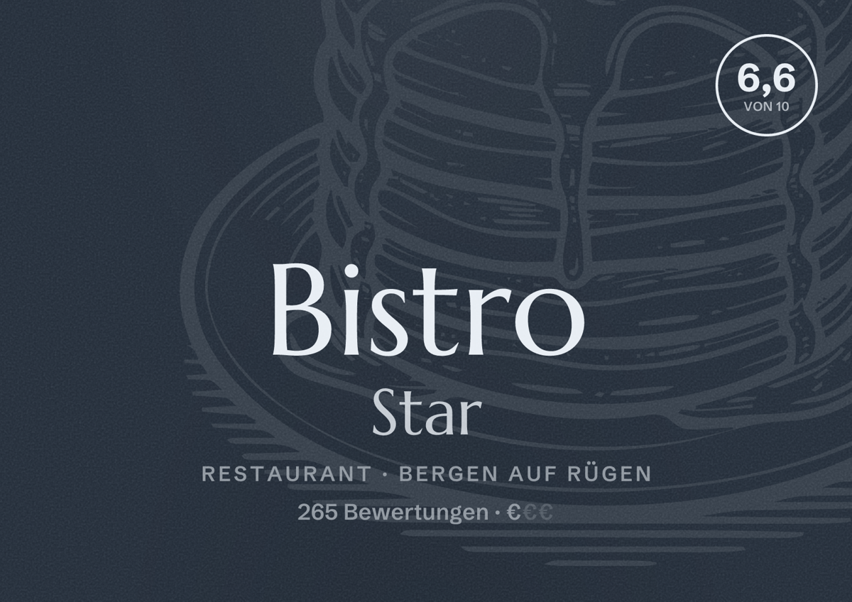 Illustriertes Poster von Bistro Star, Restaurant in Bergen auf Rügen: Bewertung 6,6 von 10 aus 265 Bewertungen, Preisniveau €