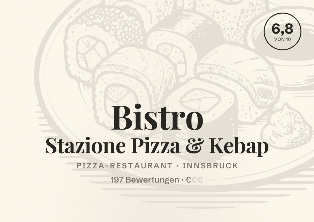 Illustriertes Poster von Bistro Stazione Pizza & Kebap, Pizza-Restaurant in Innsbruck: Bewertung 6,8 von 10 aus 197 Bewertungen, Preisniveau €