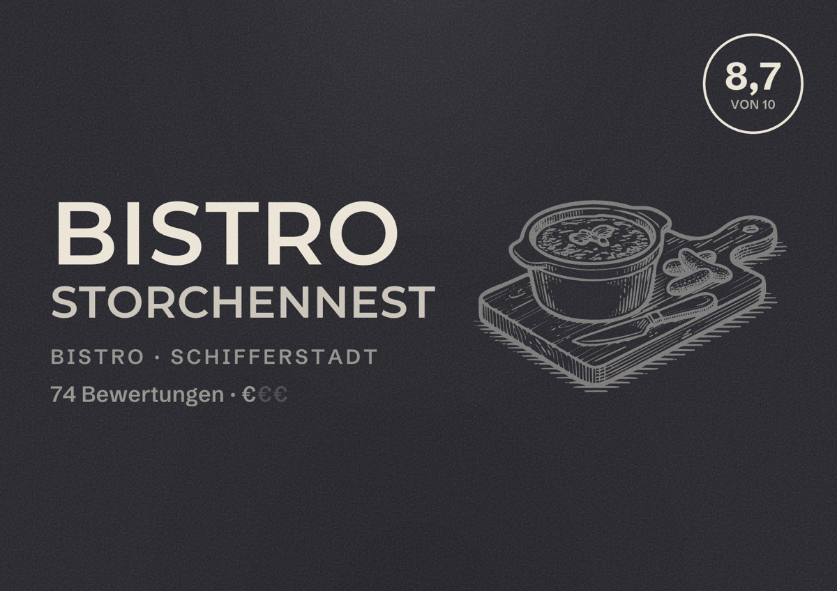 Illustriertes Poster von Bistro Storchennest, Bistro in Schifferstadt: Bewertung 8,7 von 10 aus 74 Bewertungen, Preisniveau €