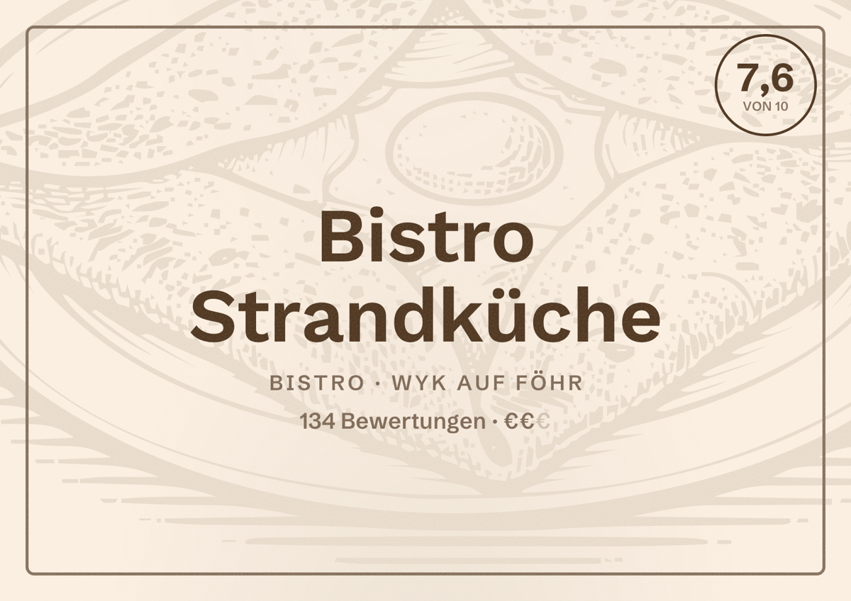 Illustriertes Poster von Bistro Strandküche, Bistro in Wyk auf Föhr: Bewertung 7,6 von 10 aus 134 Bewertungen, Preisniveau €€