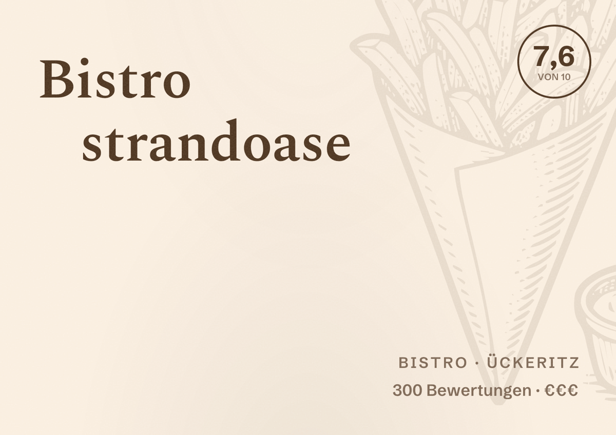 Illustriertes Poster von Bistro strandoase, Bistro in Ückeritz: Bewertung 7,6 von 10 aus 300 Bewertungen, Preisniveau €€€