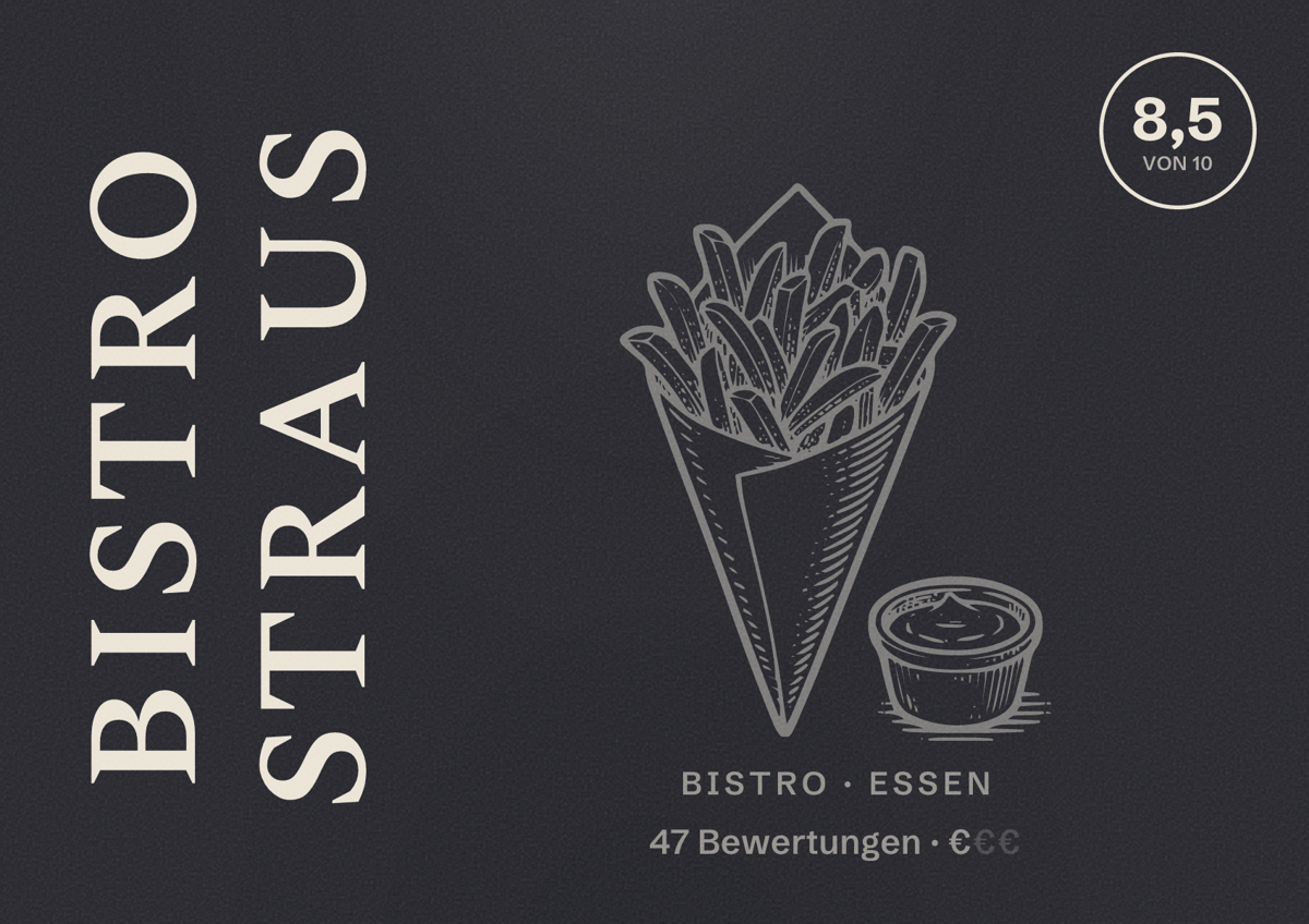 Illustriertes Poster von Bistro Straus, Bistro in Essen: Bewertung 8,5 von 10 aus 47 Bewertungen, Preisniveau €
