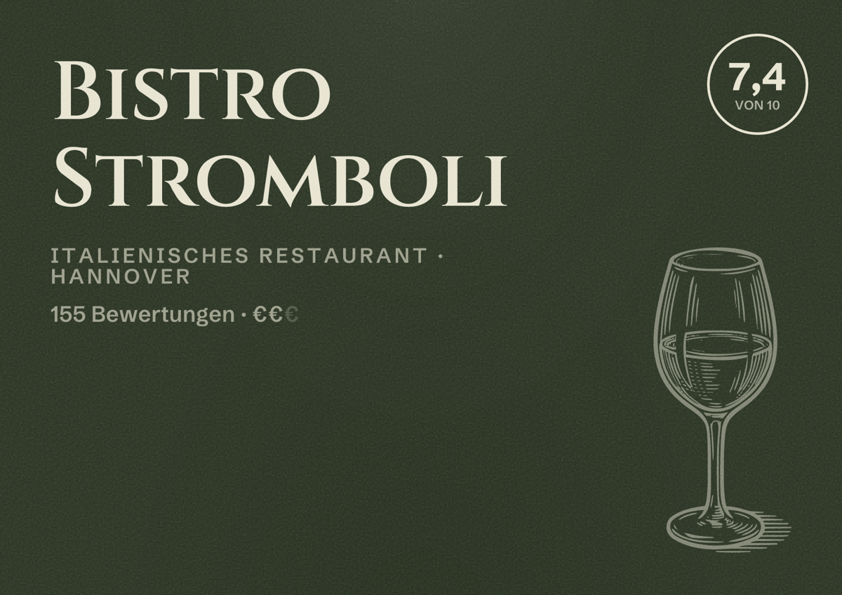 Illustriertes Poster von Bistro Stromboli, Italienisches Restaurant in Hannover: Bewertung 7,4 von 10 aus 155 Bewertungen, Preisniveau €€