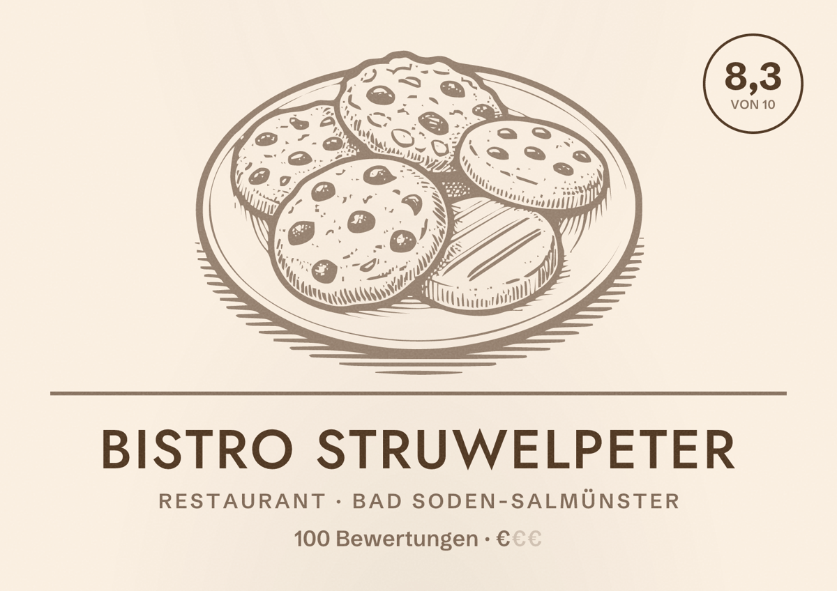 Illustriertes Poster von Bistro Struwelpeter, Restaurant in Bad Soden-Salmünster: Bewertung 8,3 von 10 aus 100 Bewertungen, Preisniveau €