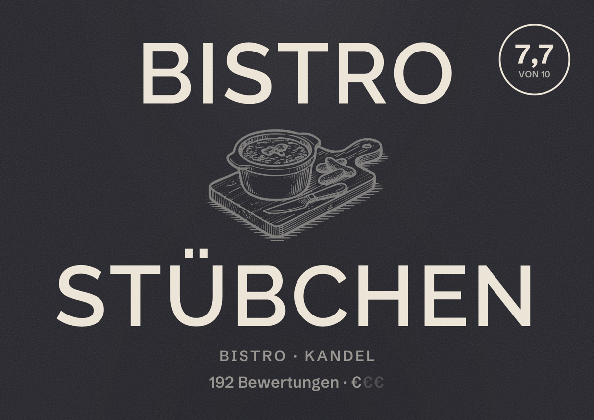 Illustriertes Poster von Bistro Stübchen, Bistro in Kandel: Bewertung 7,7 von 10 aus 192 Bewertungen, Preisniveau €