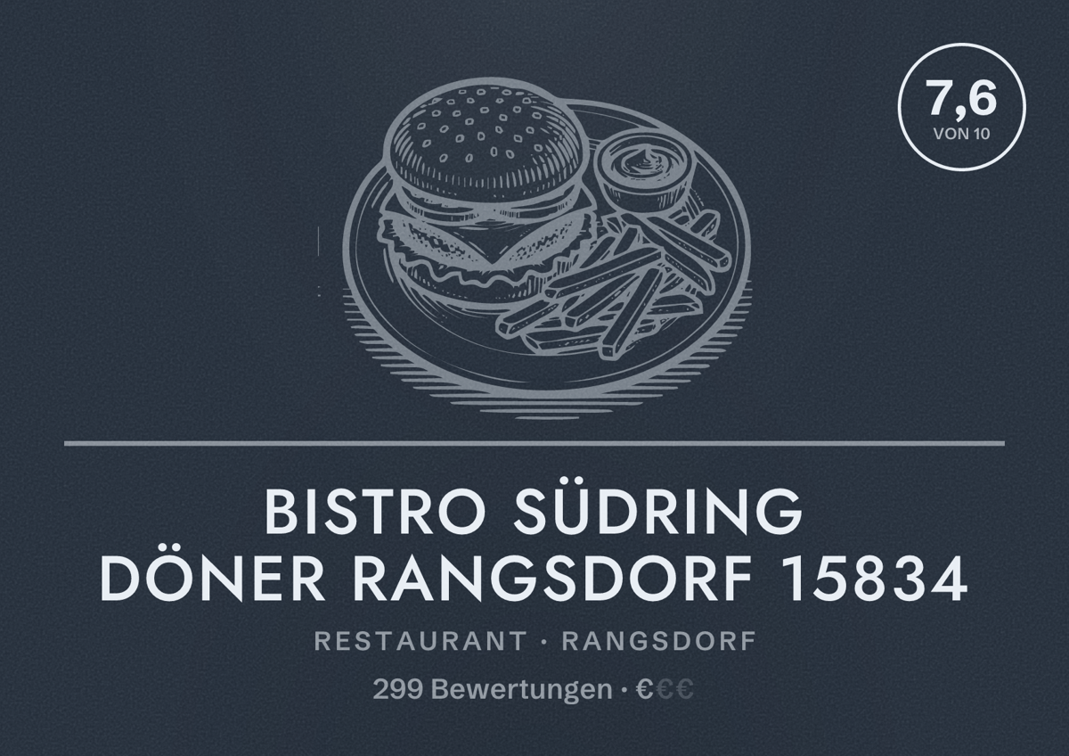 Illustriertes Poster von Bistro Südring Döner Rangsdorf 15834, Restaurant in Rangsdorf: Bewertung 7,6 von 10 aus 299 Bewertungen, Preisniveau €