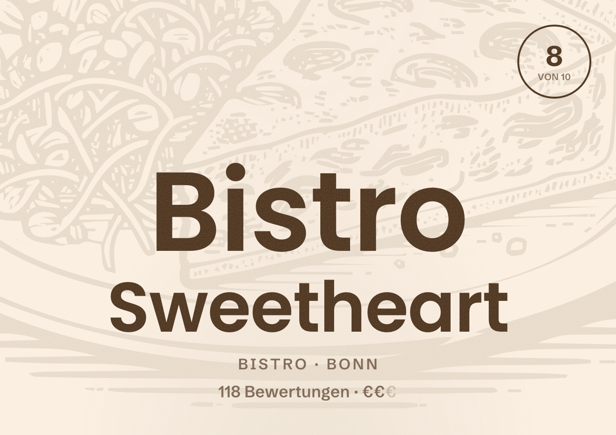 Illustriertes Poster von Bistro Sweetheart, Bistro in Bonn: Bewertung 8 von 10 aus 118 Bewertungen, Preisniveau €€