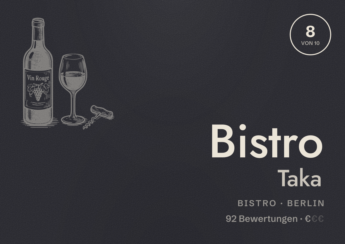 Illustriertes Poster von Bistro Taka, Bistro in Berlin: Bewertung 8,0 von 10 aus 92 Bewertungen, Preisniveau €