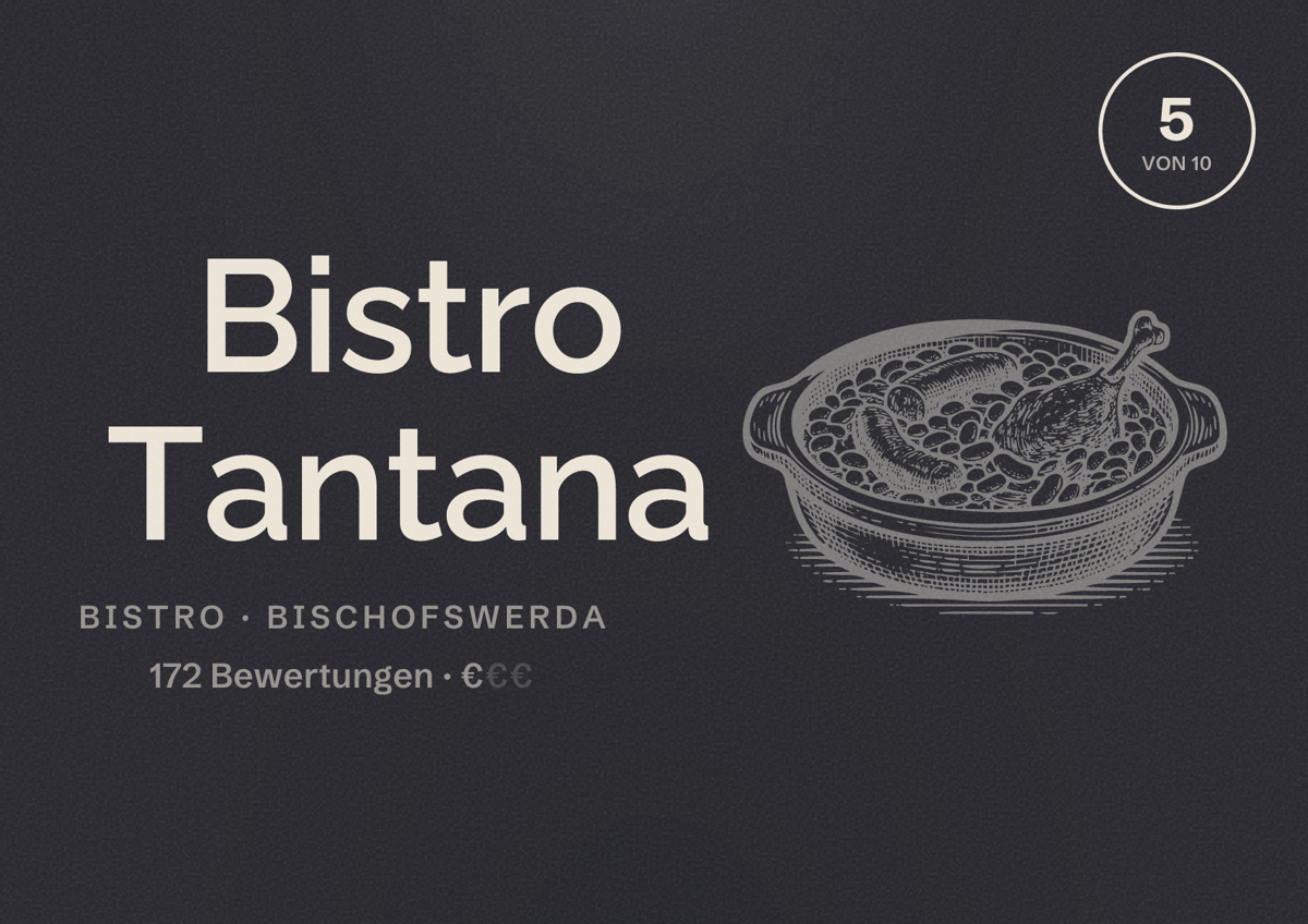 Illustriertes Poster von Bistro Tantana, Bistro in Bischofswerda: Bewertung 5 von 10 aus 172 Bewertungen, Preisniveau €