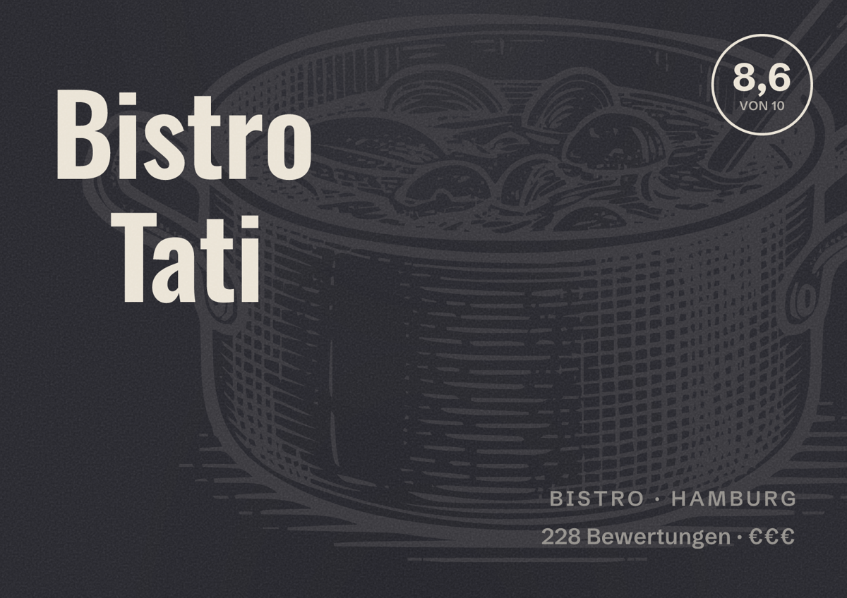Illustriertes Poster von Bistro Tati, Bistro in Hamburg: Bewertung 8,6 von 10 aus 228 Bewertungen, Preisniveau €€€