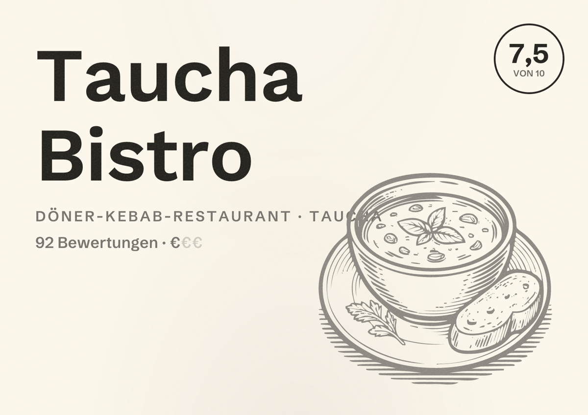 Illustriertes Poster von Taucha Bistro, Döner-Kebab-Restaurant in Taucha: Bewertung 7,5 von 10 aus 92 Bewertungen, Preisniveau €