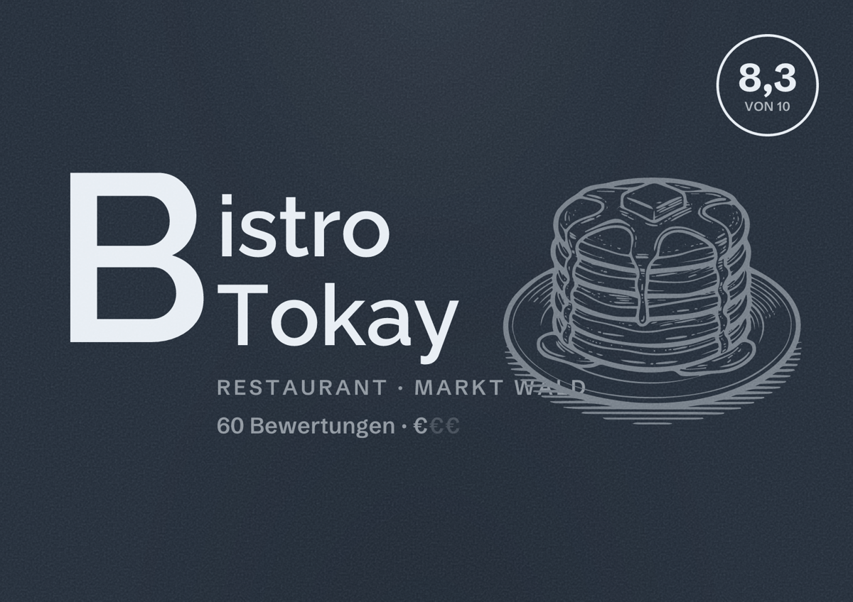 Illustriertes Poster von Bistro Tokay, Restaurant in Markt Wald: Bewertung 8,3 von 10 aus 60 Bewertungen, Preisniveau €