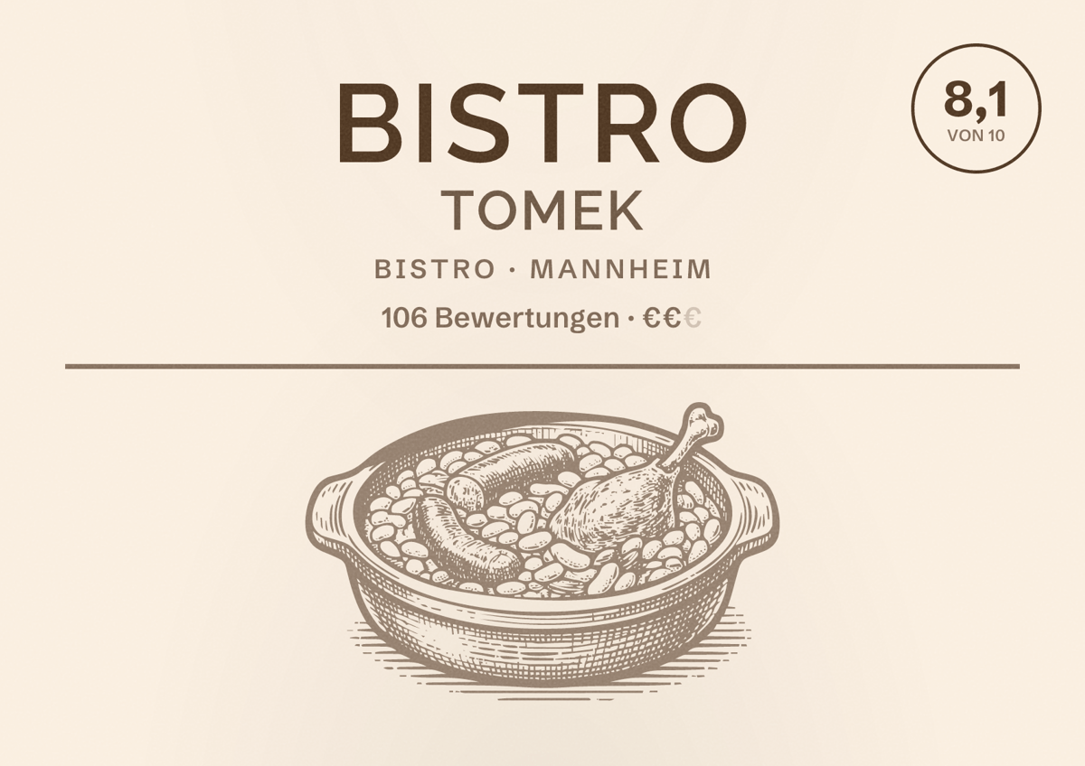 Illustriertes Poster von Bistro Tomek, Bistro in Mannheim: Bewertung 8,1 von 10 aus 106 Bewertungen, Preisniveau €€