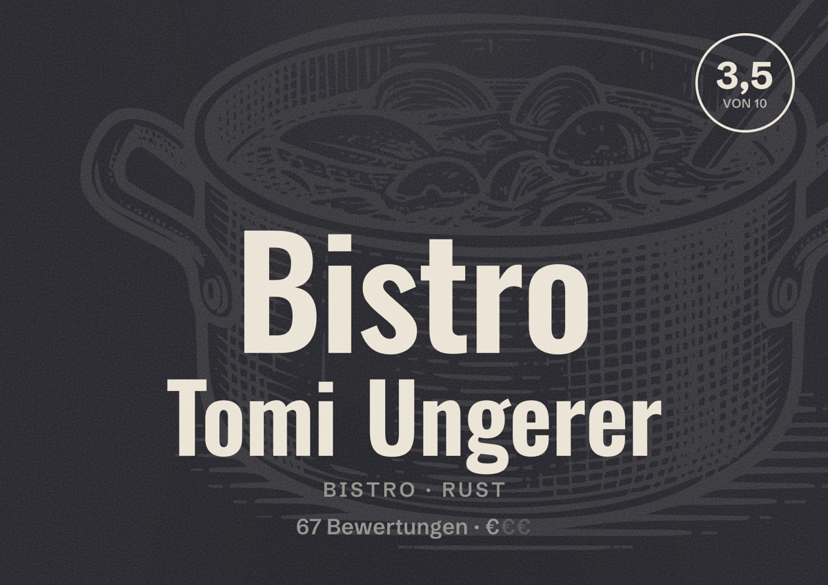 Illustriertes Poster von Bistro Tomi Ungerer, Bistro in Rust: Bewertung 3,5 von 10 aus 67 Bewertungen, Preisniveau €