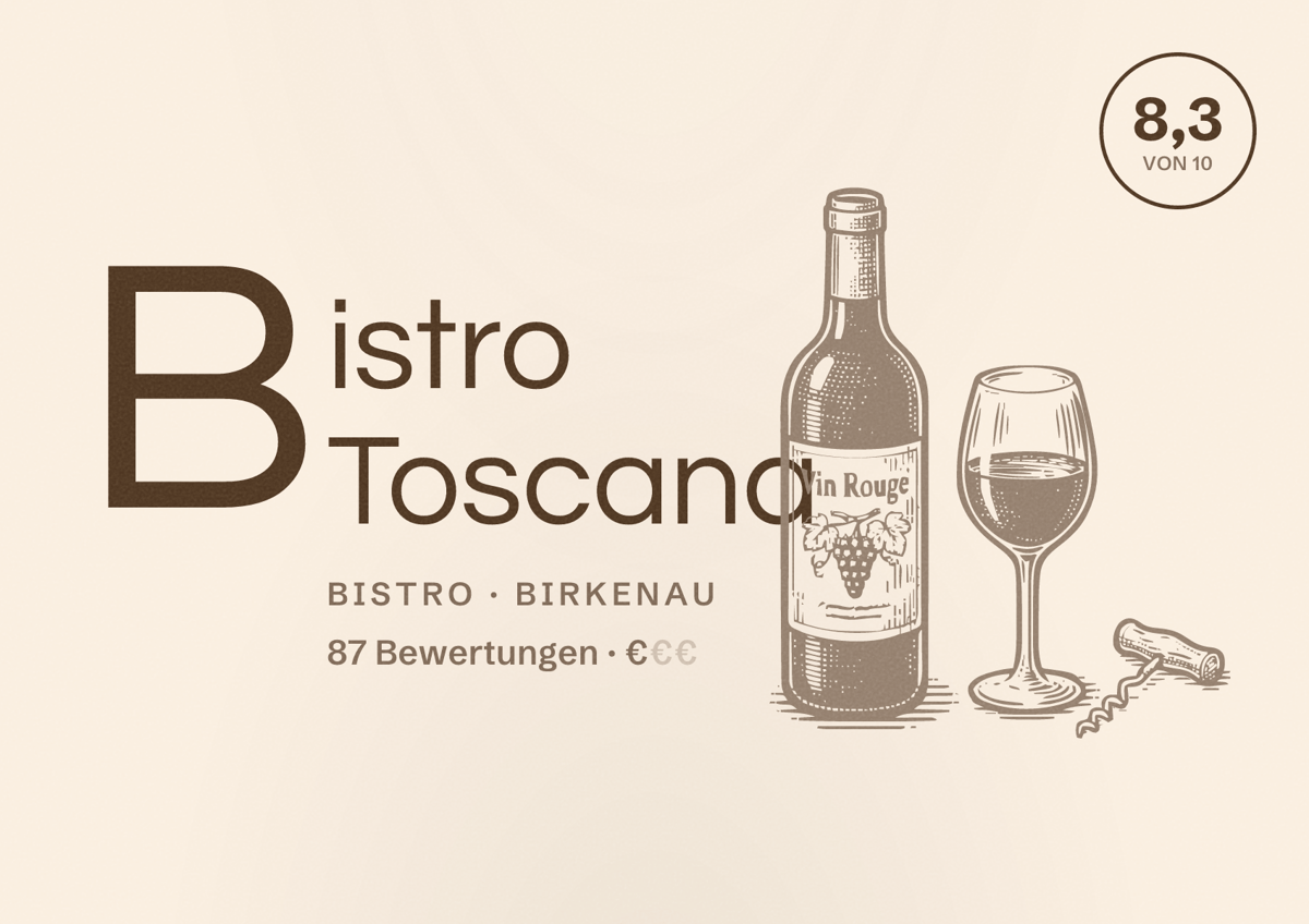 Illustriertes Poster von Bistro Toscana, Bistro in Birkenau: Bewertung 8,3 von 10 aus 87 Bewertungen, Preisniveau €