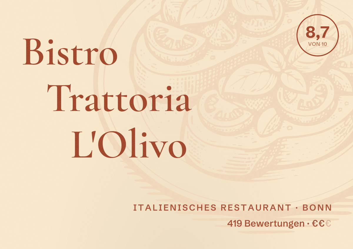 Illustriertes Poster von Bistro Trattoria L'Olivo, Italienisches Restaurant in Bonn: Bewertung 8,7 von 10 aus 419 Bewertungen, Preisniveau €€