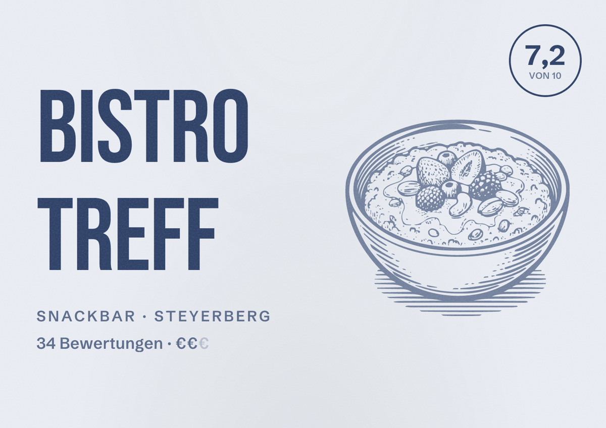 Illustriertes Poster von Bistro Treff, Snackbar in Steyerberg: Bewertung 7,2 von 10 aus 34 Bewertungen, Preisniveau €€