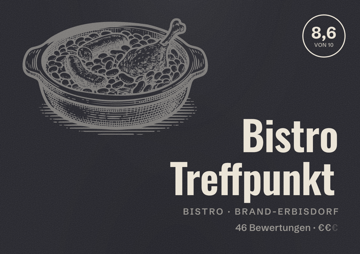 Illustriertes Poster von Bistro Treffpunkt, Bistro in Brand-Erbisdorf: Bewertung 8,6 von 10 aus 46 Bewertungen, Preisniveau €€