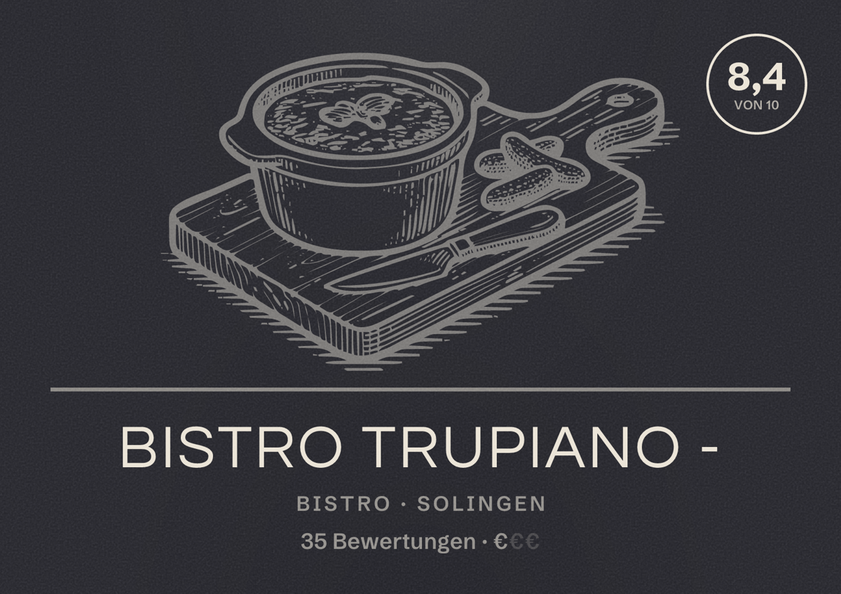 Illustriertes Poster von Bistro Trupiano -, Bistro in Solingen: Bewertung 8,4 von 10 aus 35 Bewertungen, Preisniveau €