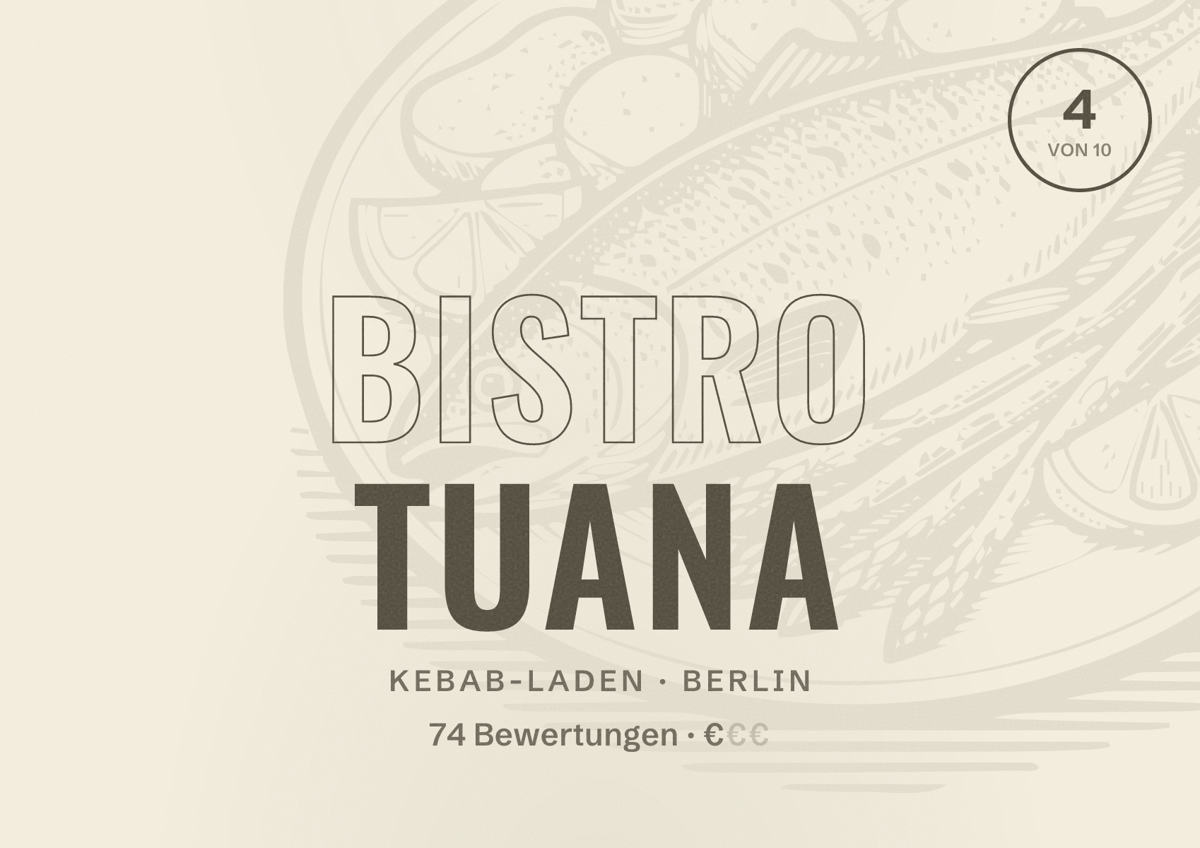 Illustriertes Poster von Bistro Tuana, Kebab-Laden in Berlin: Bewertung 4,0 von 10 aus 74 Bewertungen, Preisniveau €