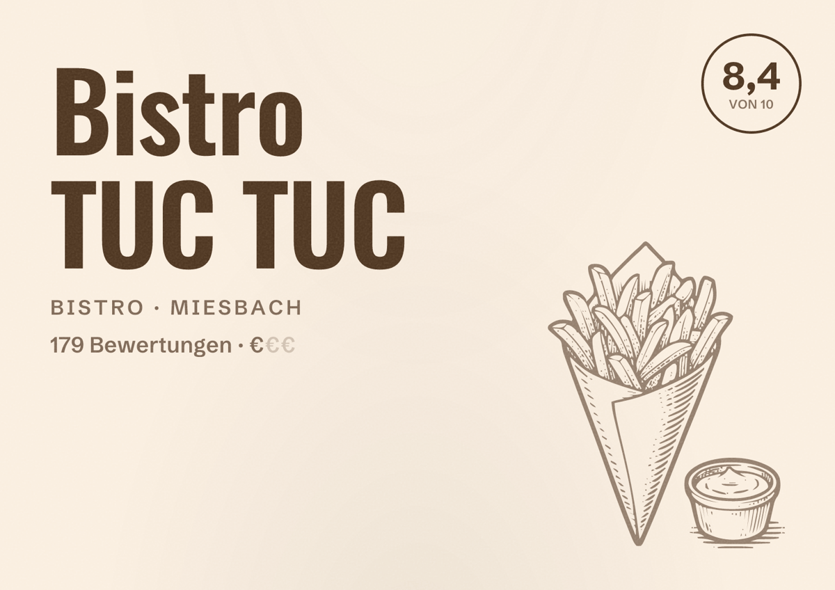 Illustriertes Poster von Bistro TUC TUC, Bistro in Miesbach: Bewertung 8,4 von 10 aus 179 Bewertungen, Preisniveau €
