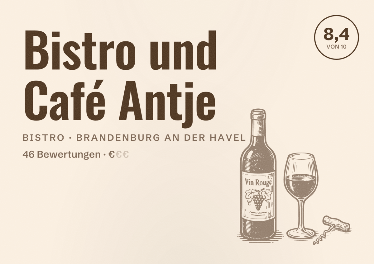 Illustriertes Poster von Bistro und Café Antje, Bistro in Brandenburg an der Havel: Bewertung 8,4 von 10 aus 46 Bewertungen, Preisniveau €