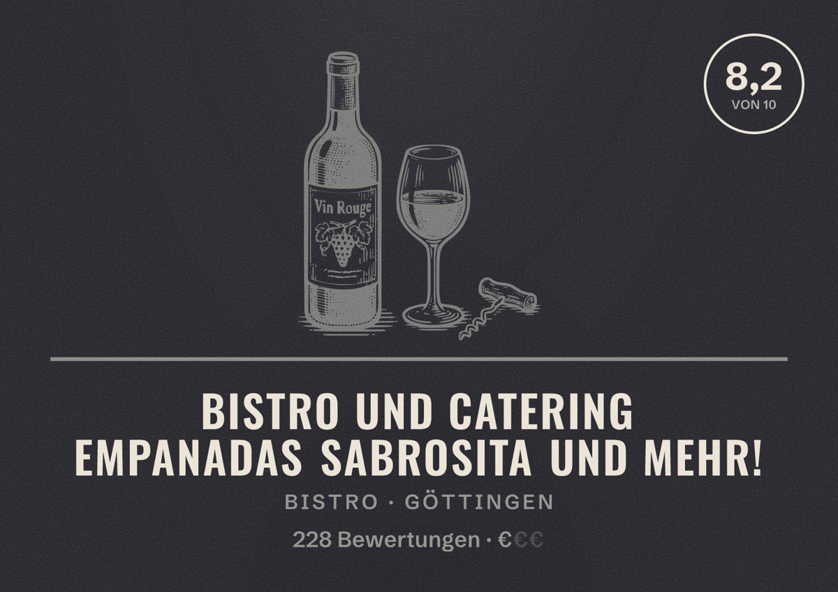 Illustriertes Poster von Bistro und Catering Empanadas Sabrosita und mehr!, Bistro in Göttingen: Bewertung 8,2 von 10 aus 228 Bewertungen, Preisniveau €