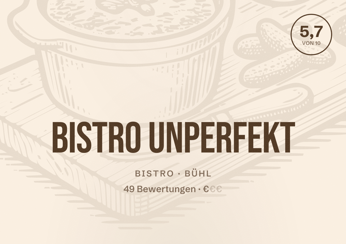 Illustriertes Poster von Bistro Unperfekt, Bistro in Bühl: Bewertung 5,7 von 10 aus 49 Bewertungen, Preisniveau €
