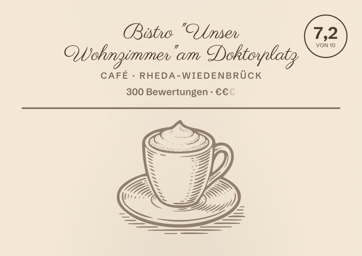 Illustriertes Poster von Bistro "Unser Wohnzimmer"am Doktorplatz, Café in Rheda-Wiedenbrück: Bewertung 7,2 von 10 aus 300 Bewertungen, Preisniveau €€