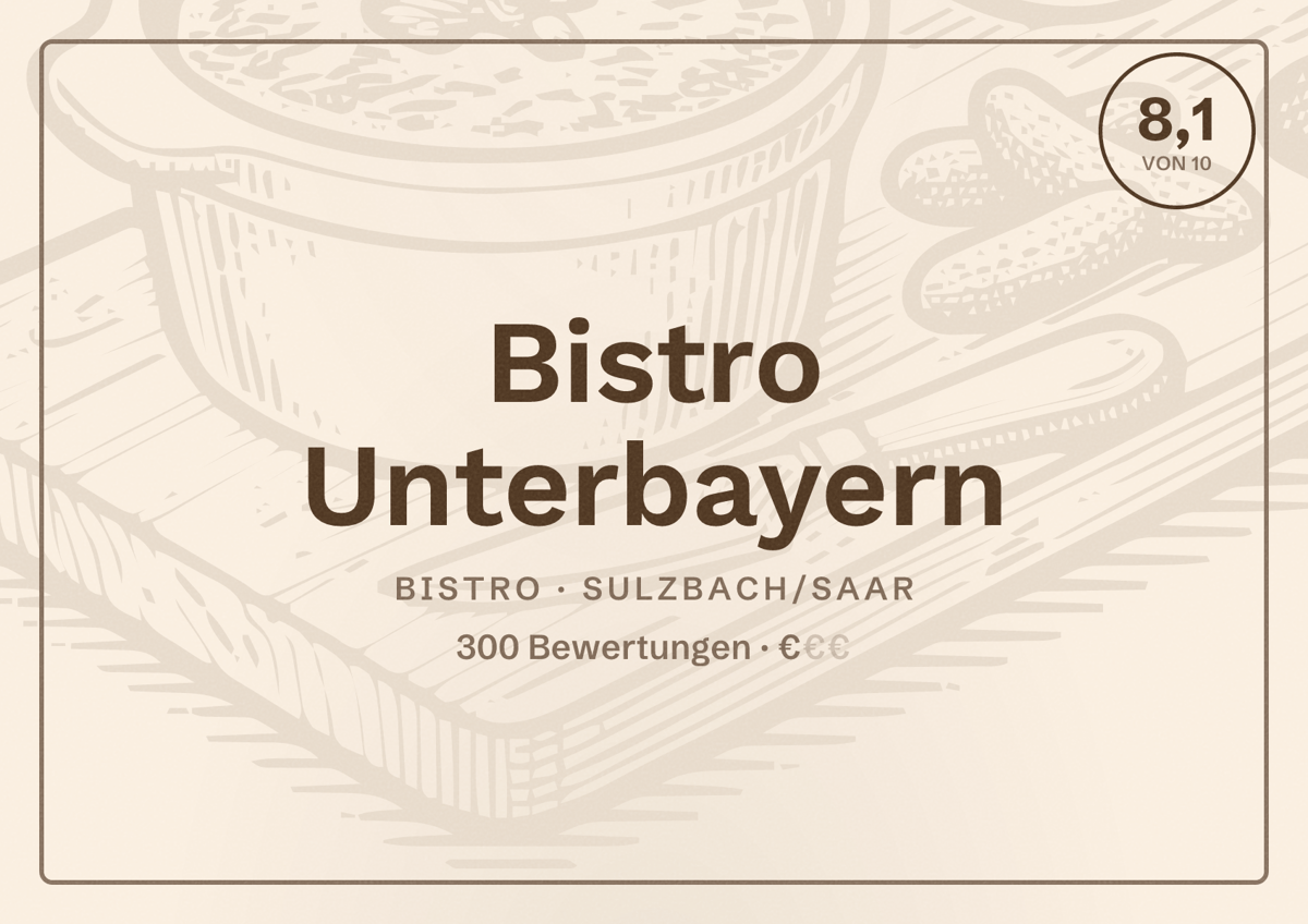 Illustriertes Poster von Bistro Unterbayern, Bistro in Sulzbach/Saar: Bewertung 8,1 von 10 aus 300 Bewertungen, Preisniveau €