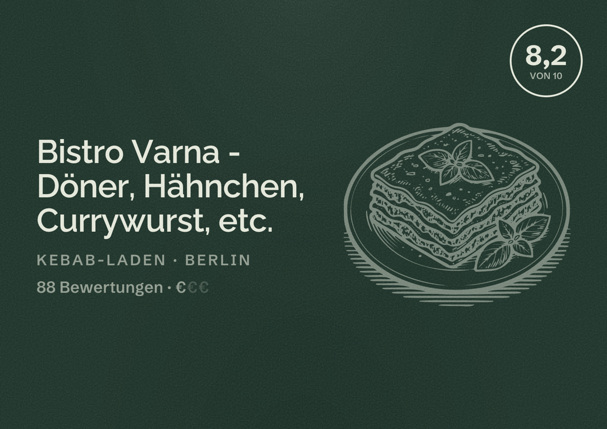 Illustriertes Poster von Bistro Varna - Döner, Hähnchen, Currywurst, etc., Kebab-Laden in Berlin: Bewertung 8,2 von 10 aus 88 Bewertungen, Preisniveau €
