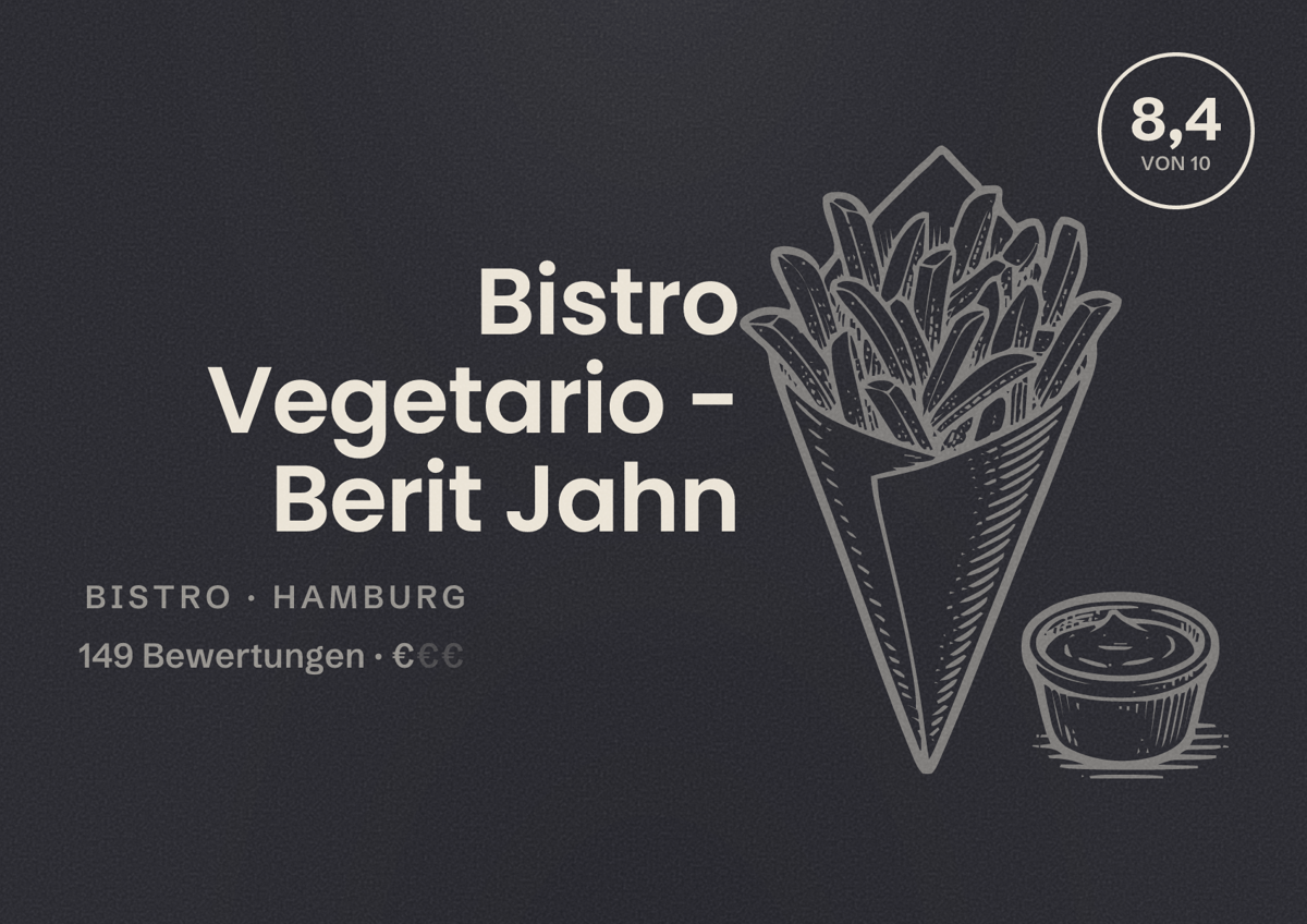 Illustriertes Poster von Bistro Vegetario - Berit Jahn, Bistro in Hamburg: Bewertung 8,4 von 10 aus 149 Bewertungen, Preisniveau €