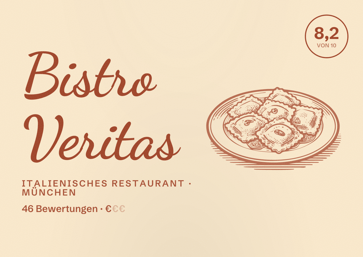 Illustriertes Poster von Bistro Veritas, Italienisches Restaurant in München: Bewertung 8,2 von 10 aus 46 Bewertungen, Preisniveau €