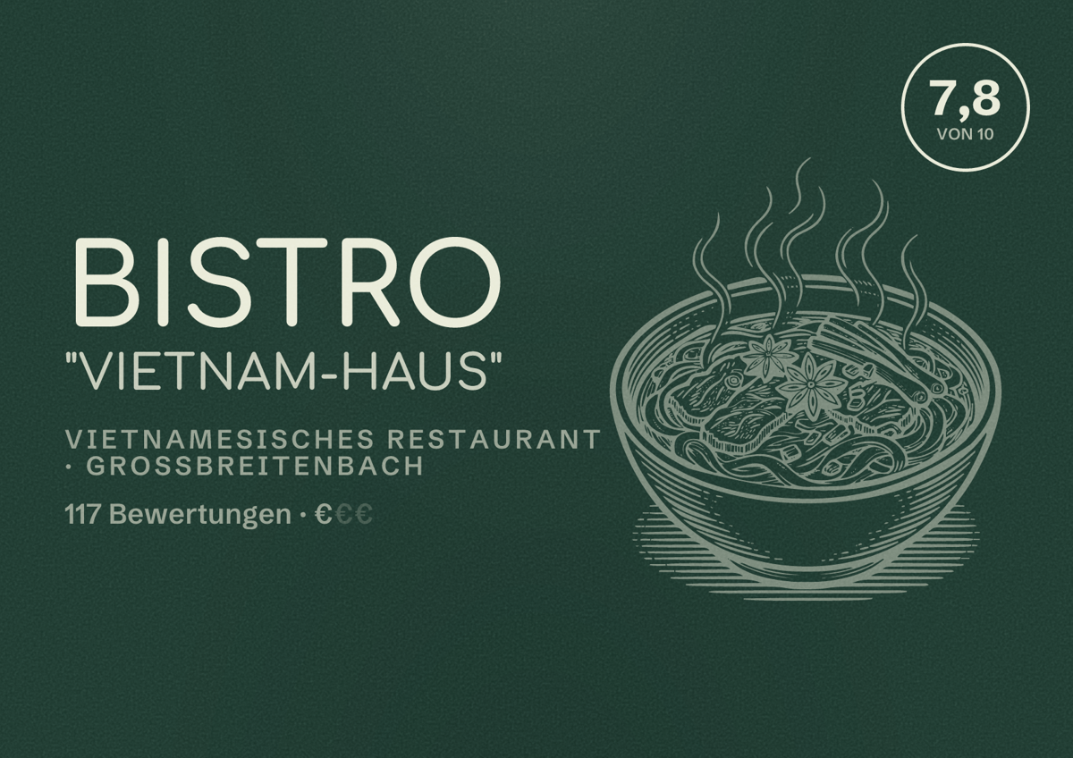 Illustriertes Poster von Bistro "Vietnam-Haus", Vietnamesisches Restaurant in Großbreitenbach: Bewertung 7,8 von 10 aus 117 Bewertungen, Preisniveau €