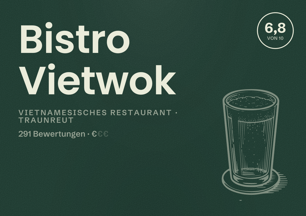 Illustriertes Poster von Bistro Vietwok, Vietnamesisches Restaurant in Traunreut: Bewertung 6,8 von 10 aus 291 Bewertungen, Preisniveau €