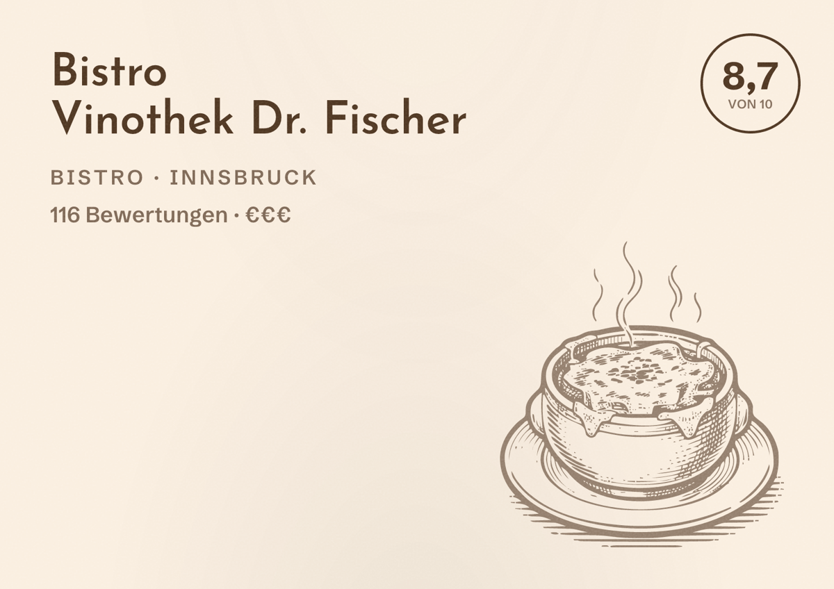 Illustriertes Poster von Bistro Vinothek Dr. Fischer, Bistro in Innsbruck: Bewertung 8,7 von 10 aus 116 Bewertungen, Preisniveau €€€